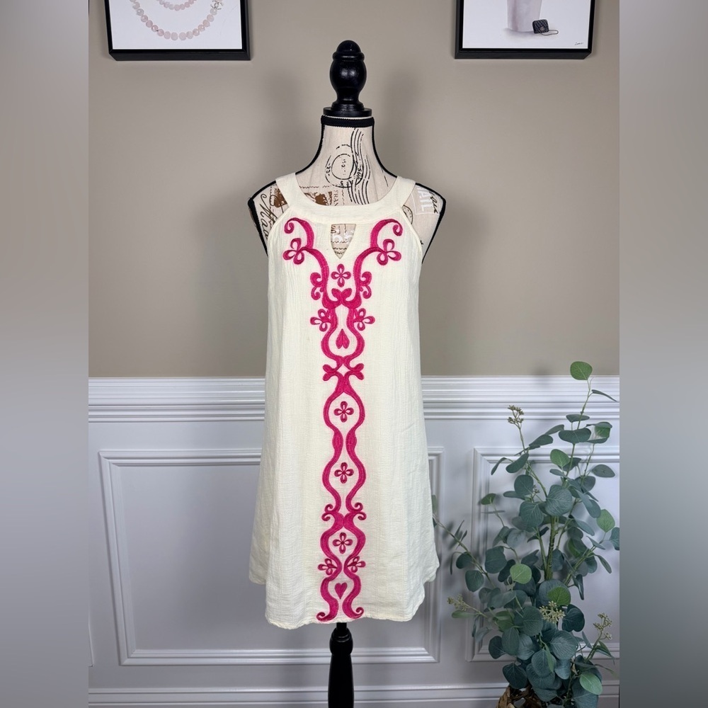 Altar'd State Cotton Gauze Halter Neck Embroidered Dress Cream Fuchsia Small